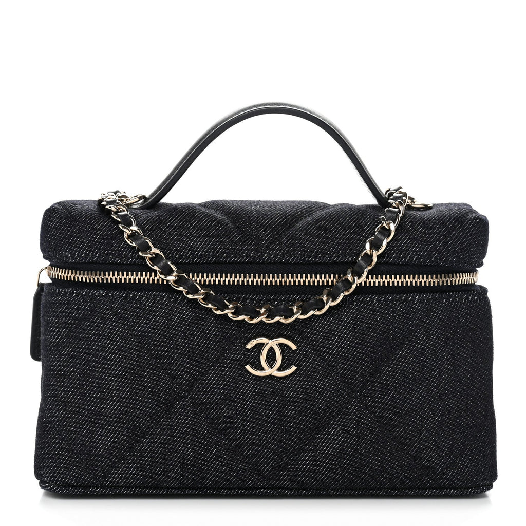 Denim Quilted Top Handle Slim Vanity Case With Chain Dark Blue