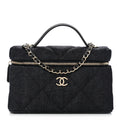 Denim Quilted Top Handle Slim Vanity Case With Chain Dark Blue