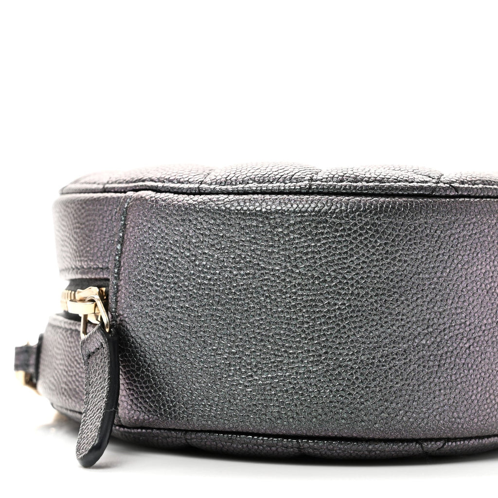 Iridescent Caviar Quilted Round Clutch With Chain Black