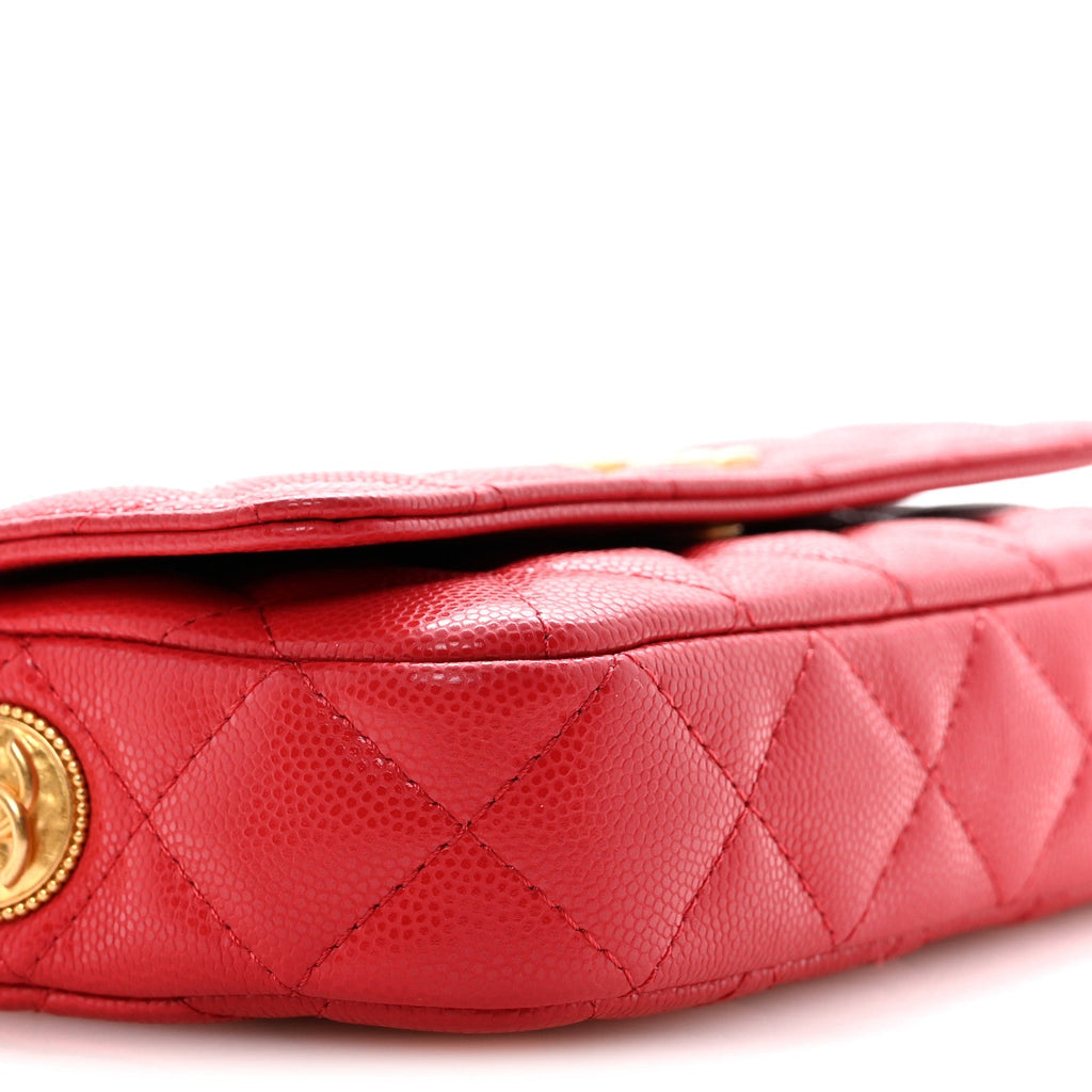 Caviar Quilted Yours Buttons Phone Holder With Chain Red
