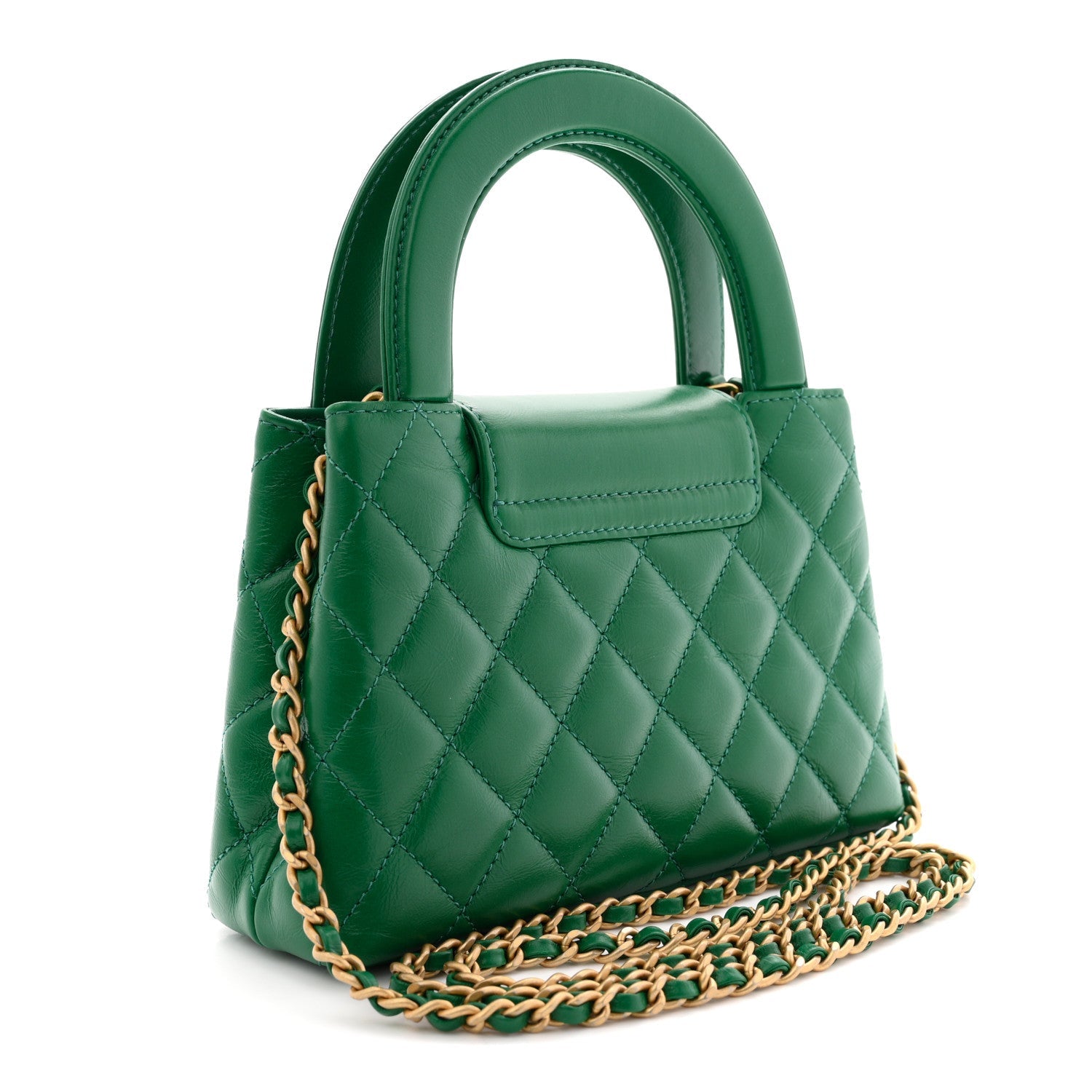 Shiny Aged Calfskin Quilted Nano Kelly Shopper Green