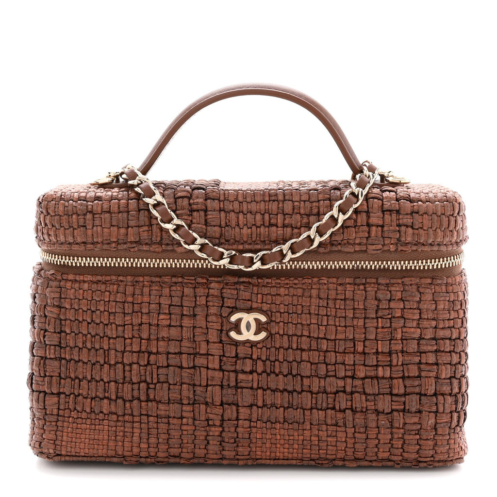 Braided Raffia Quilted Top Handle Slim Vanity With Chain Brown