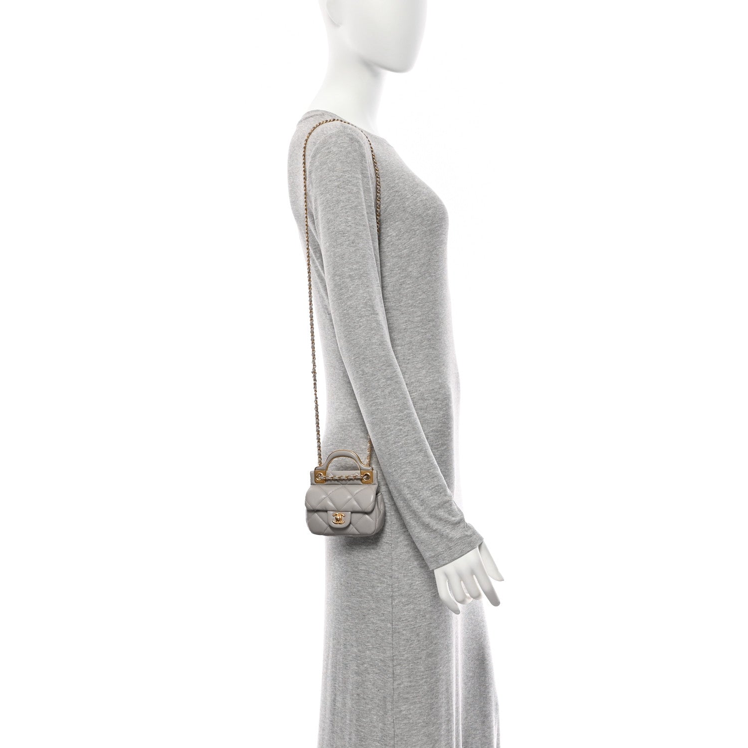 Calfskin Quilted Lady Handle Flap  Holder With Chain Grey