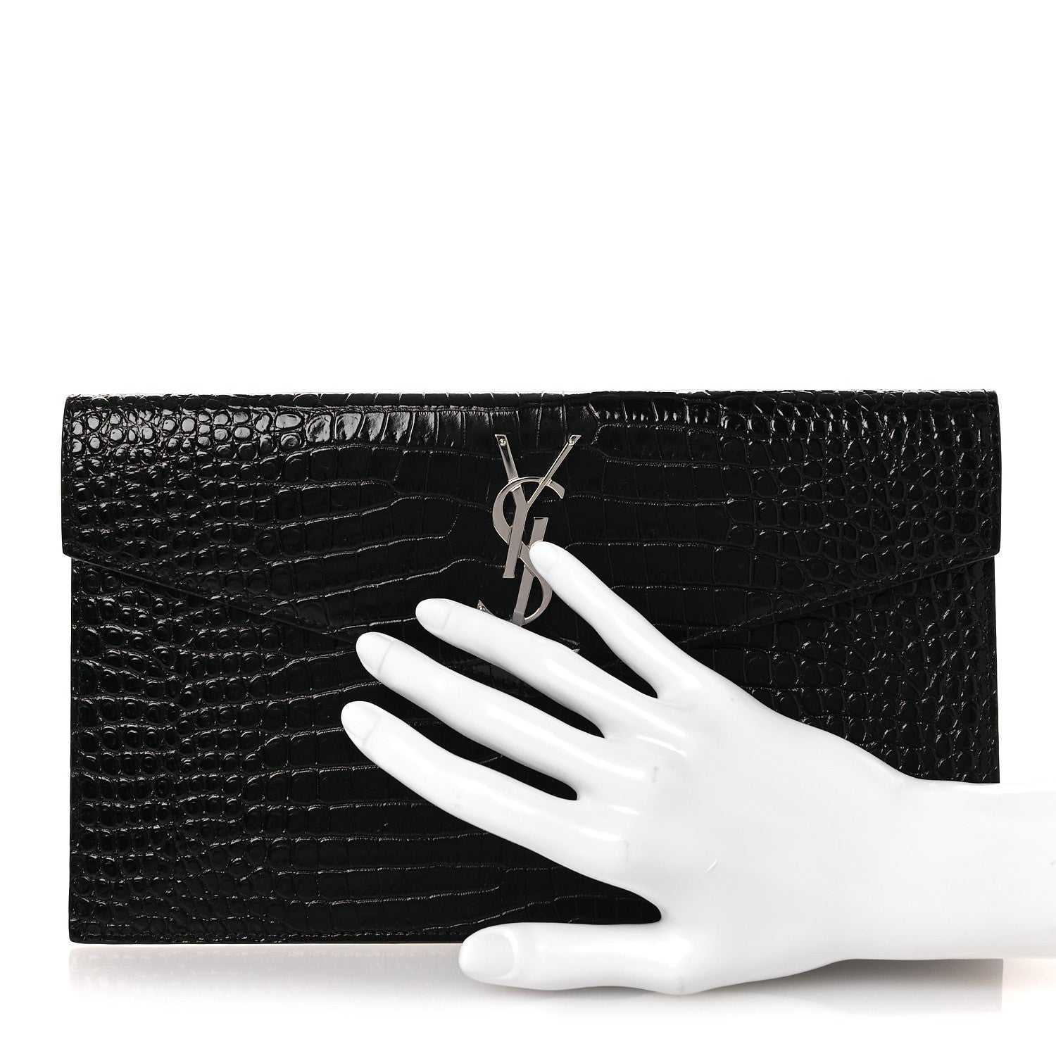 Calfskin Crocodile Embossed Uptown Monogram Clutch Black