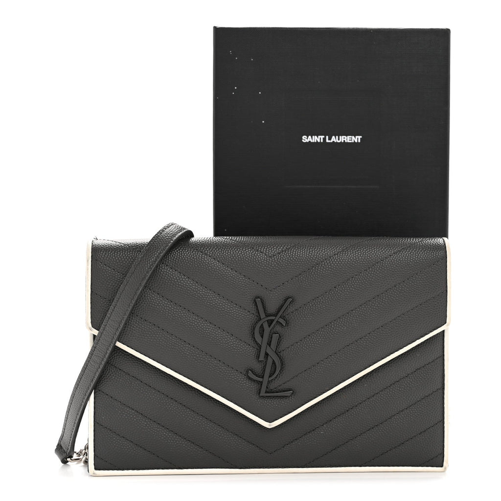 Grain De Poudre Matelasse Chevron Monogram Envelope Chain Wallet Asphalt White