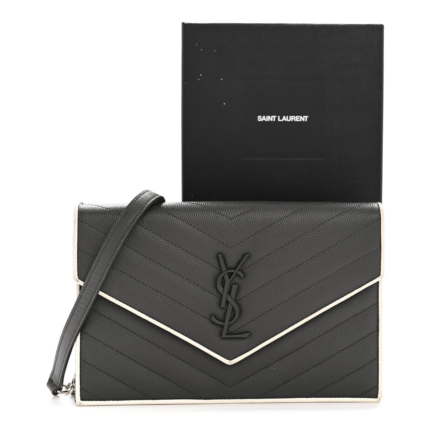 Grain De Poudre Matelasse Chevron Monogram Envelope Chain Wallet Asphalt White