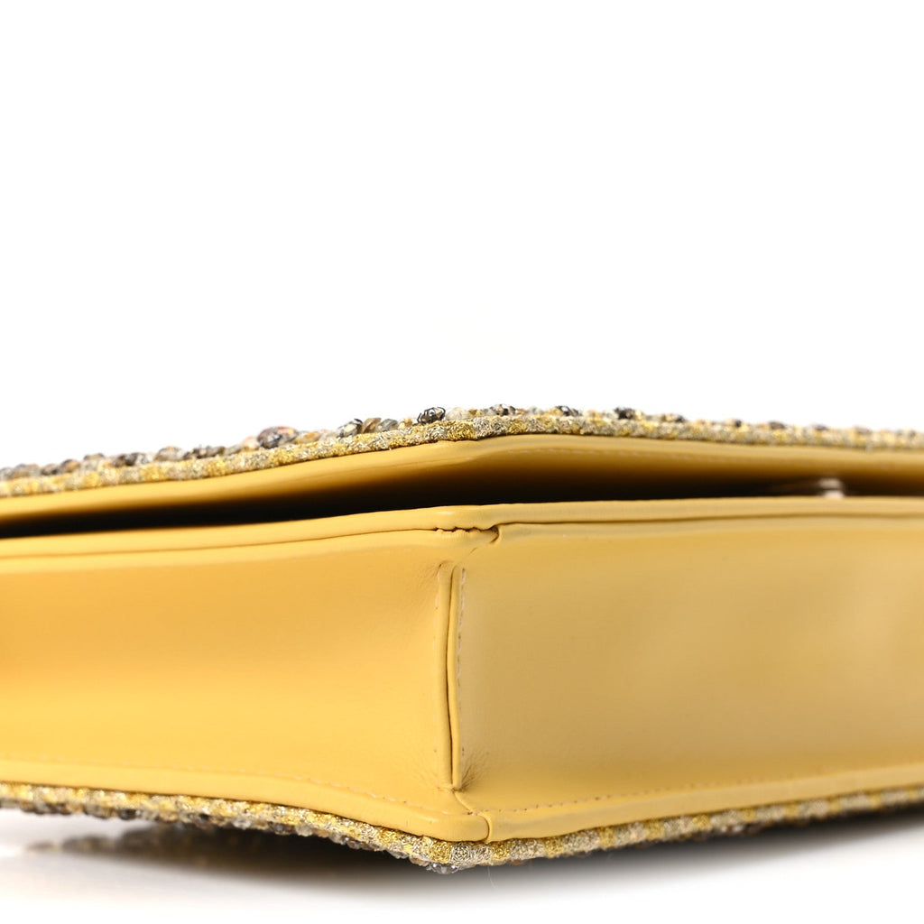 Calfskin Satin Bead Embroidery Lady Dior Clutch Gold Yellow