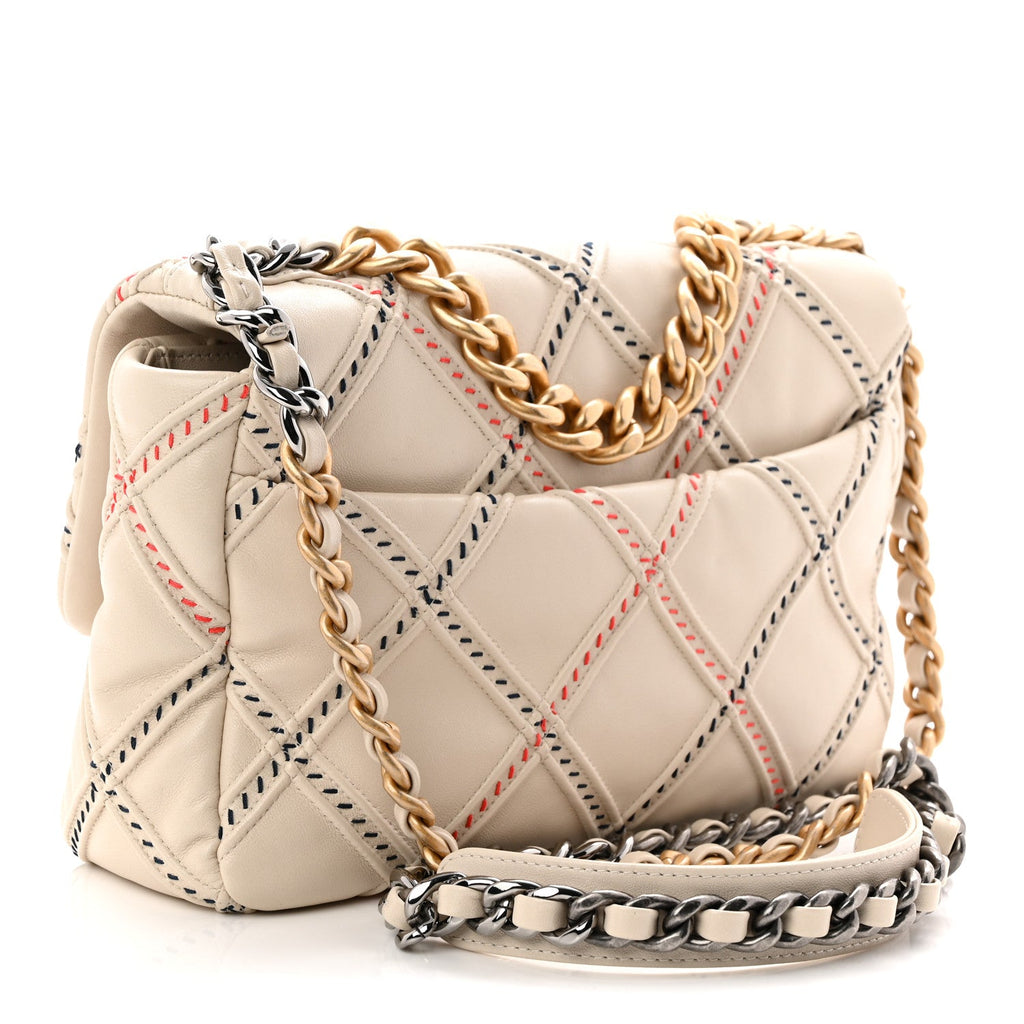 Lambskin Mixed Fibers Quilted Medium Chanel 19 Flap Beige