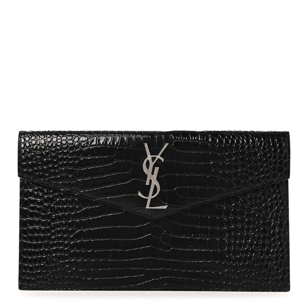 Calfskin Crocodile Embossed Uptown Monogram Clutch Black