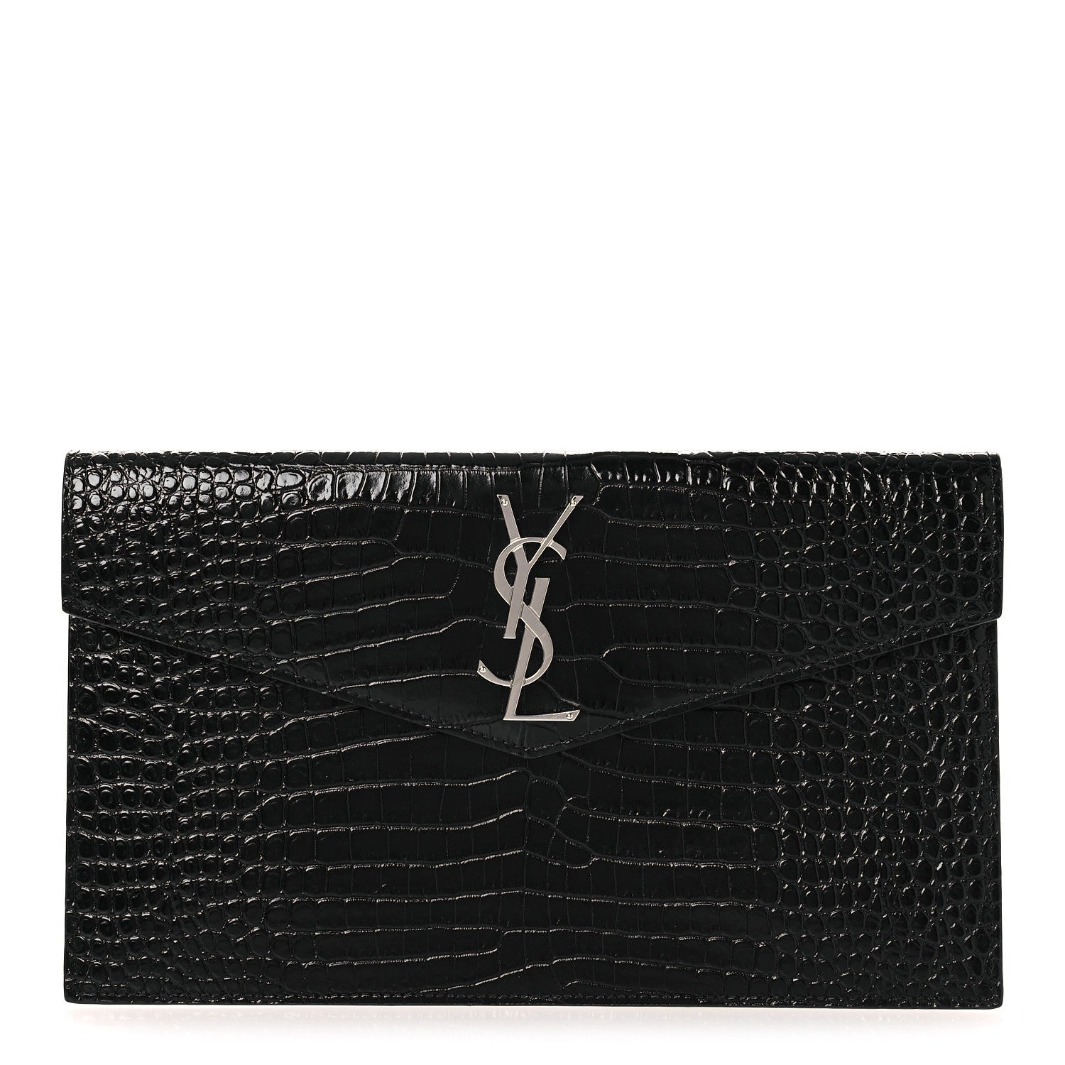 Calfskin Crocodile Embossed Uptown Monogram Clutch Black