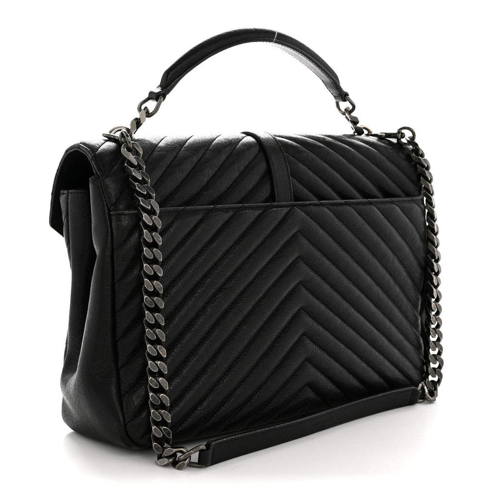 Sheepskin Matelasse Chevron Monogram Large College Satchel Black