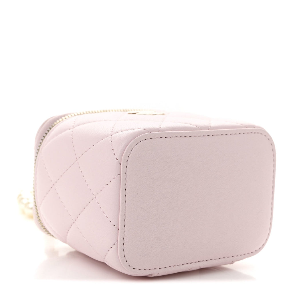 Lambskin Quilted Mini Vanity Case With Pearl Chain Light Pink