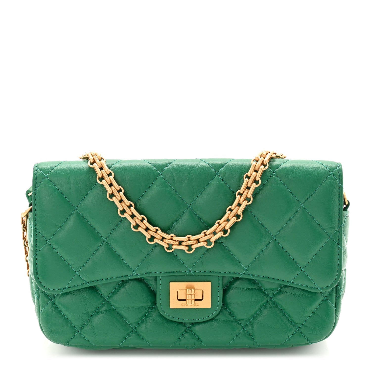 Aged Calfskin Quilted Reissue 2.55 Phone Holder With Chain Green