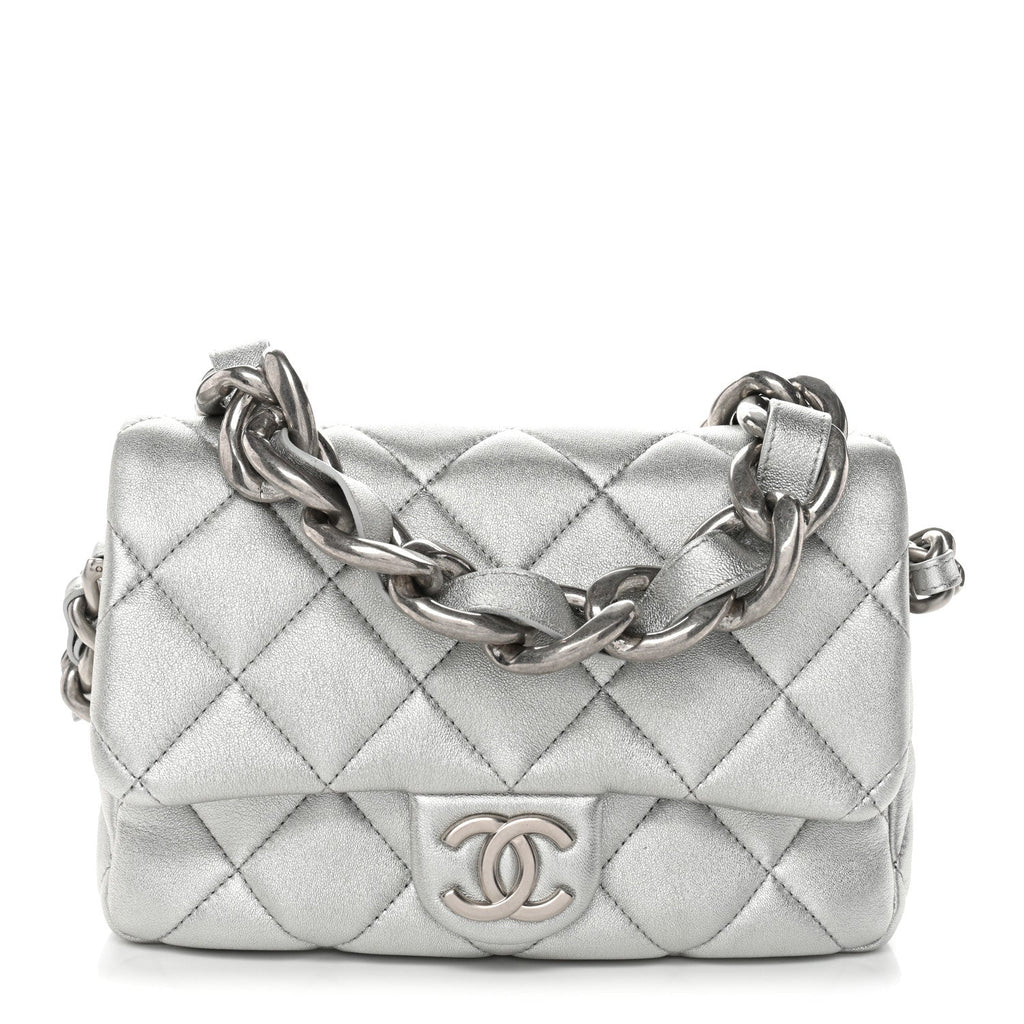 Metallic Lambskin Lacquered Quilted Small Flap Silver