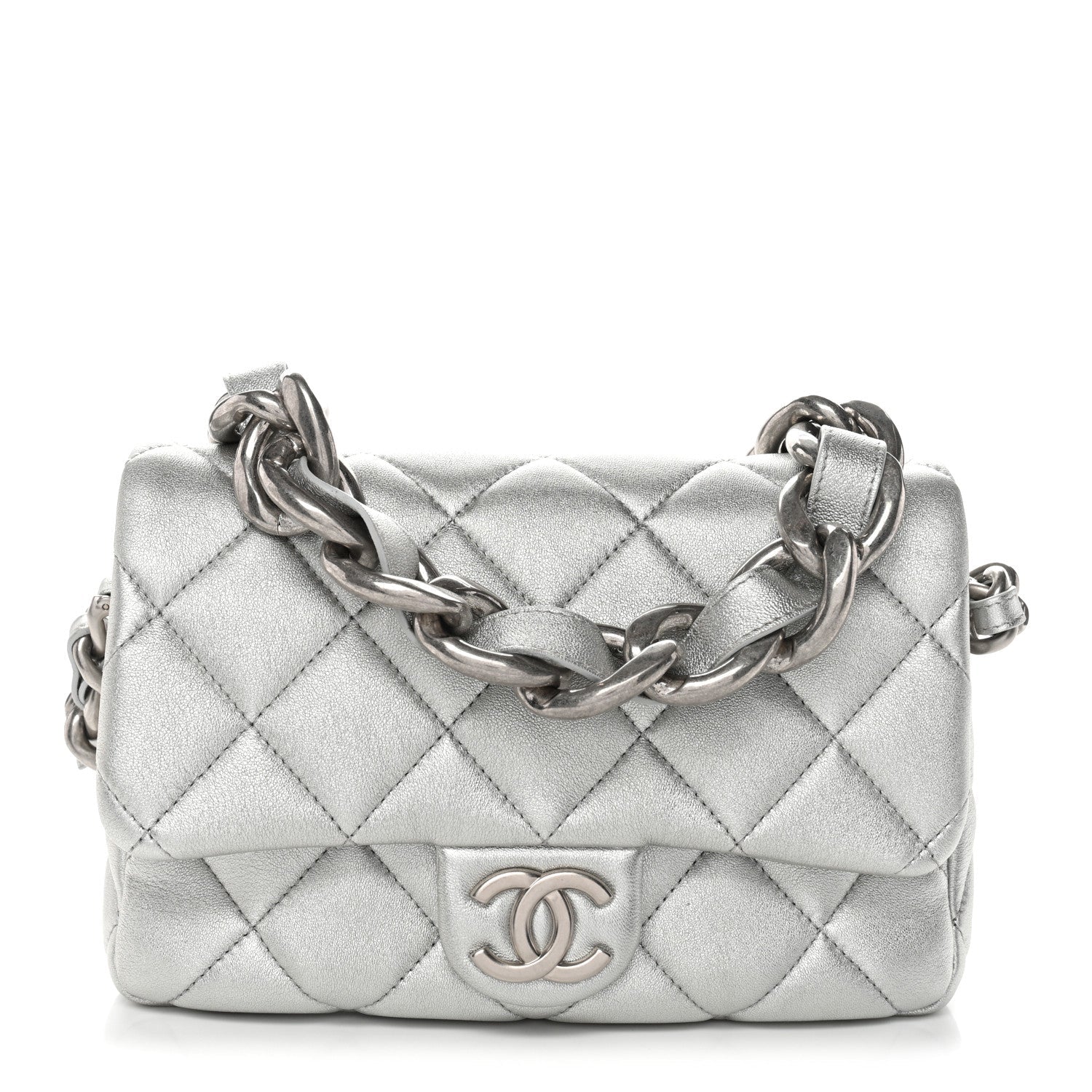 Metallic Lambskin Lacquered Quilted Small Flap Silver