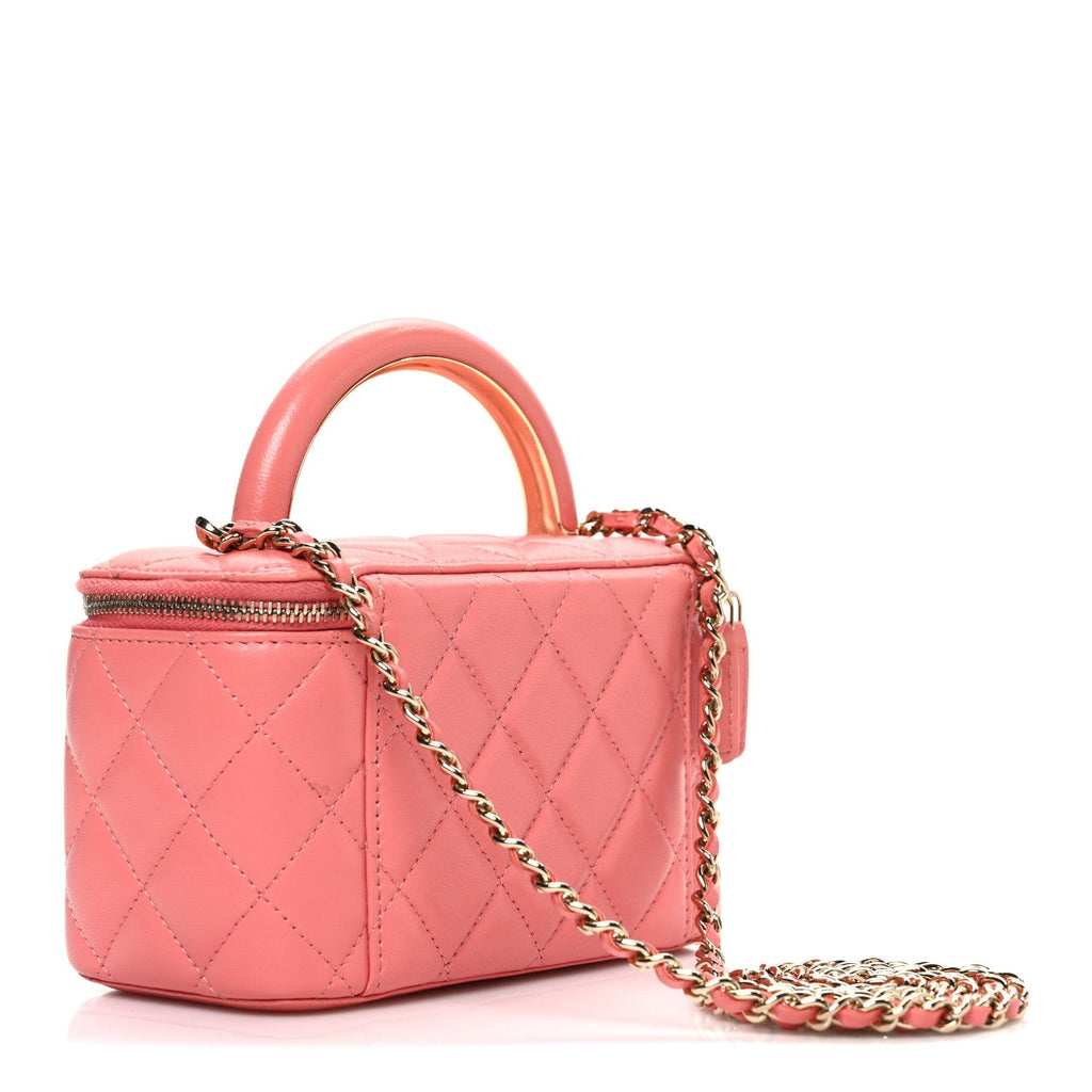 Lambskin Quilted Small Charming Top Handle Vanity Case With Chain Pink