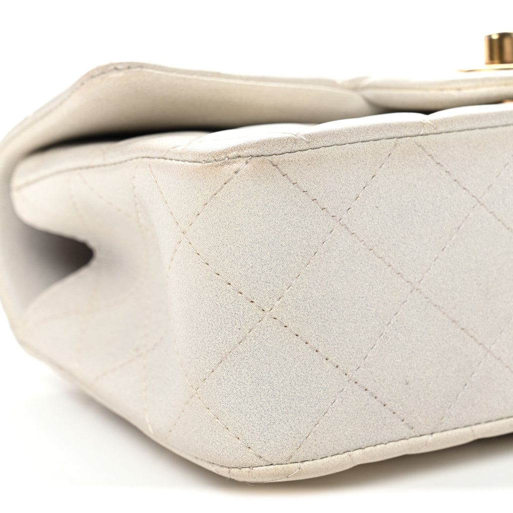 Iridescent Lambskin Quilted Mini Top Handle Rectangular Flap White