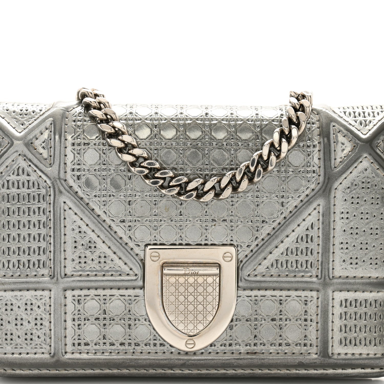 Metallic Patent Micro-Cannage Baby Diorama Flap Bag Silver