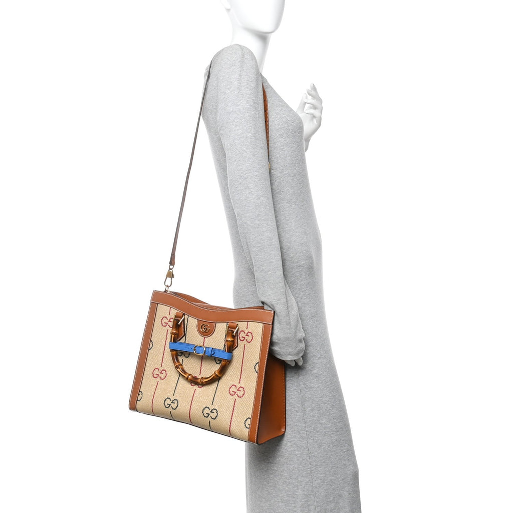 Raffia Monogram GG Jacquard Medium Diana Tote Bag Natural Red Green Modern Blue