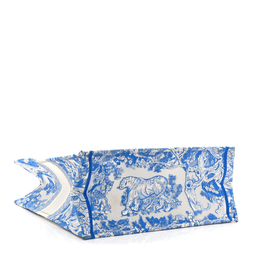 Transparent Canvas Embroidered Large Toile De Jouy Reverse Book Tote Fluorescent Blue