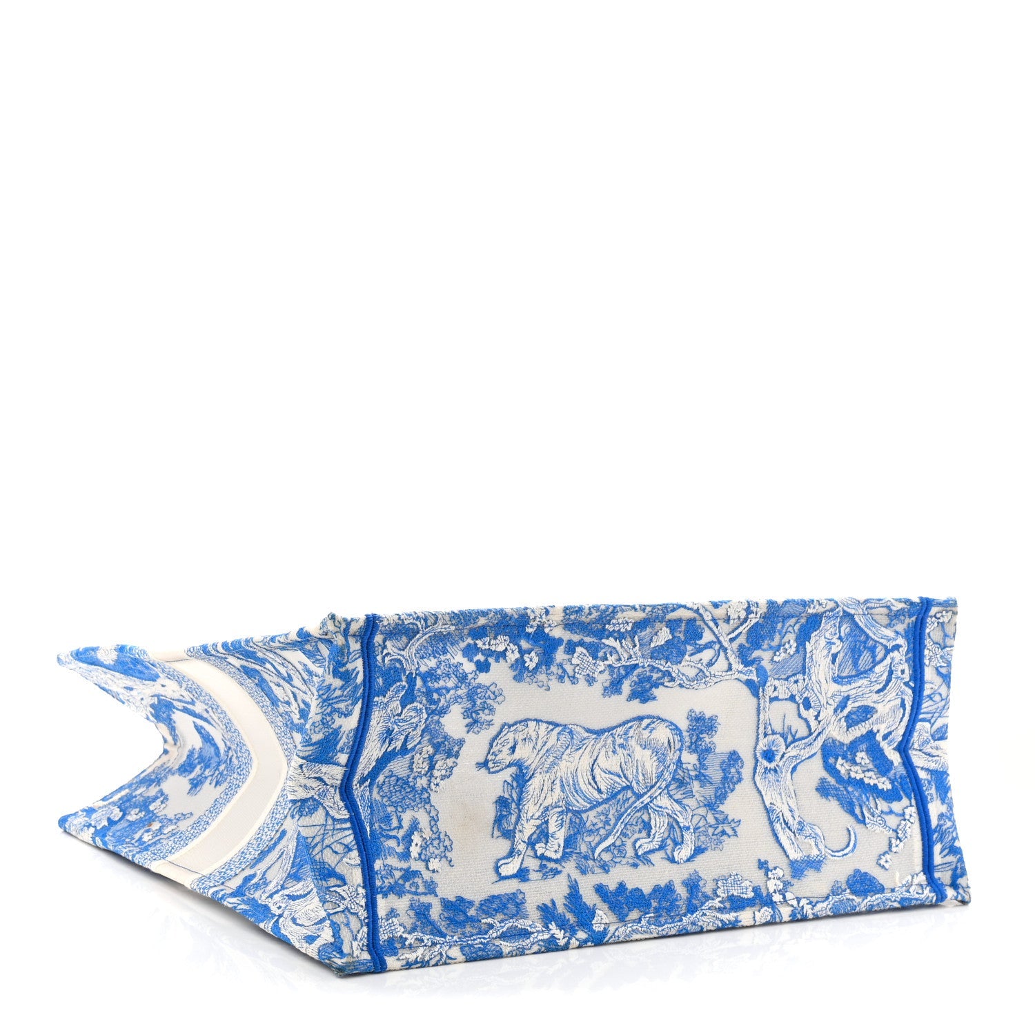 Transparent Canvas Embroidered Large Toile De Jouy Reverse Book Tote Fluorescent Blue