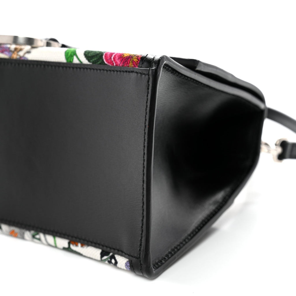 X GUCCI Canvas Boarded Plutone Calfskin Flora Logo Print Small Hourglass Top Handle Bag White Multicolor Black