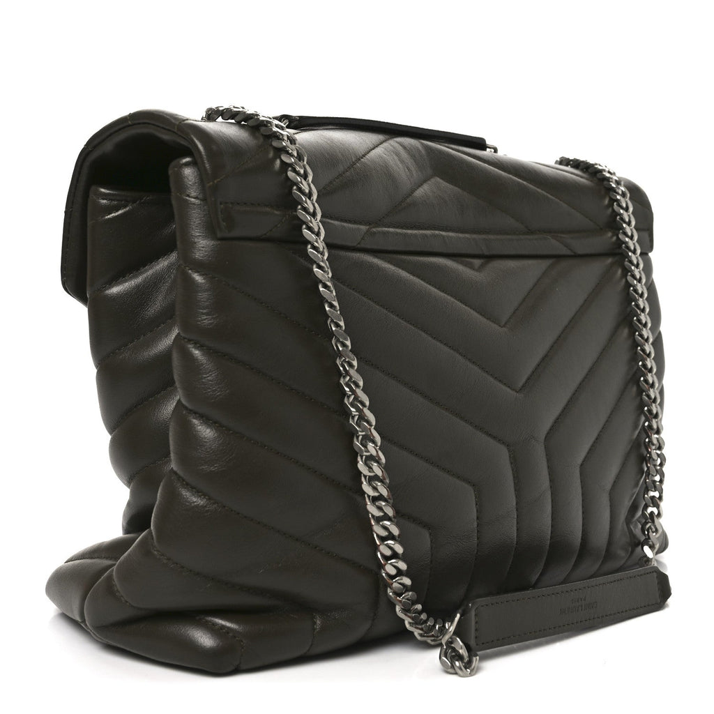 Calfskin Y Quilted Monogram Medium Loulou Chain Satchel Khaki Fonce