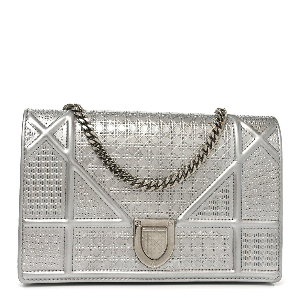 Metallic Patent Micro-Cannage Diorama Wallet on Chain Pouch Silver