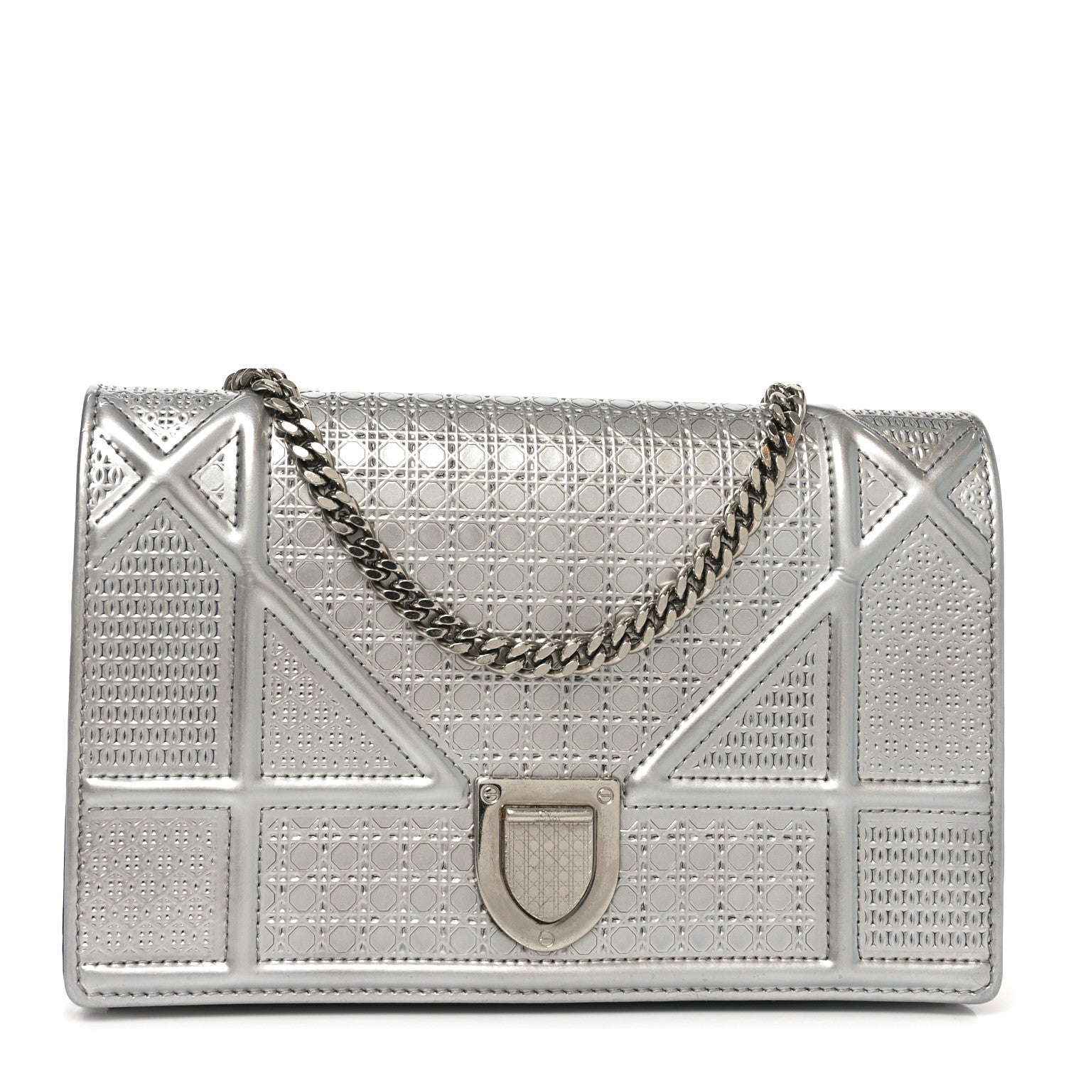 Metallic Patent Micro-Cannage Diorama Wallet on Chain Pouch Silver