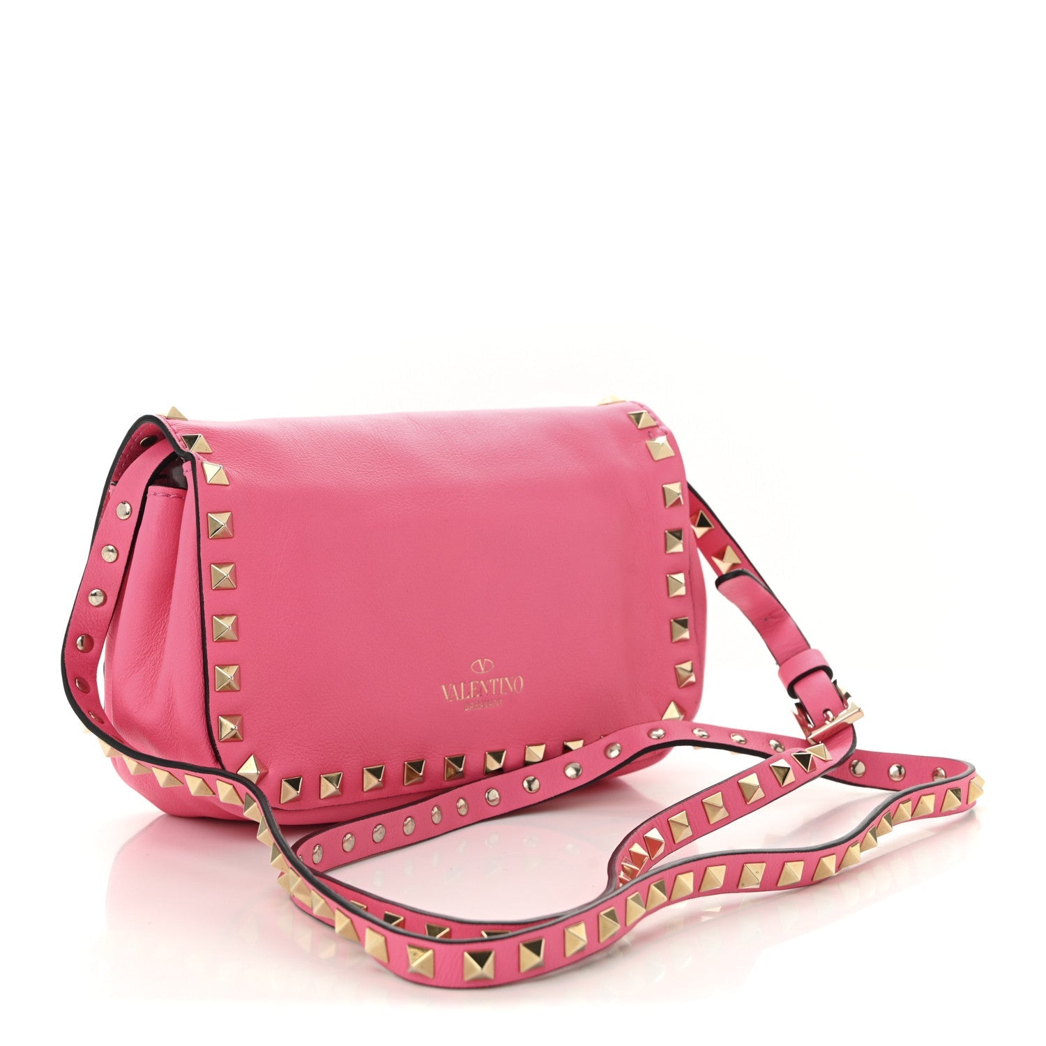 Vitello Mini Rockstud Flap Saddle Crossbody Bag Fuxia Fluo