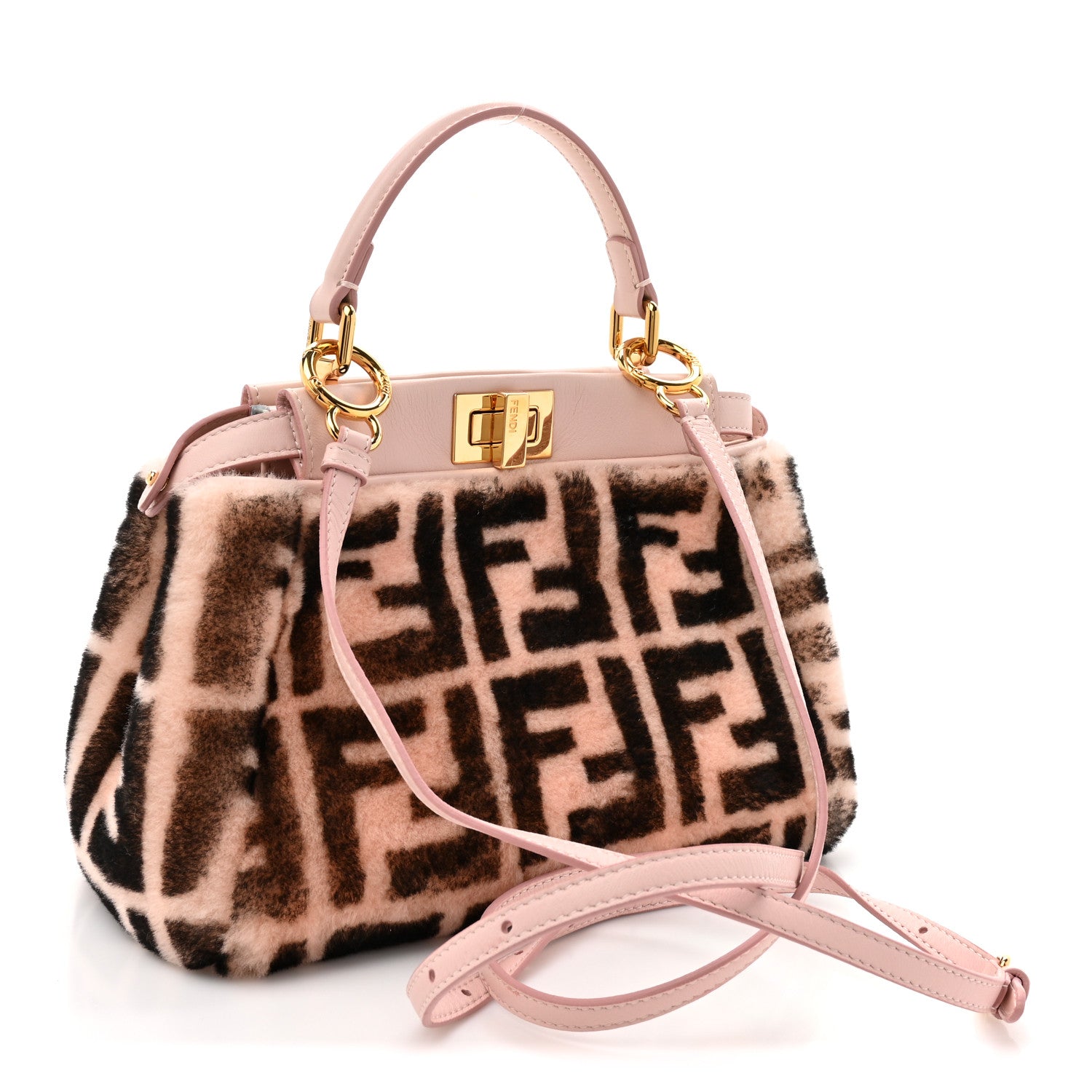 Shearling Nappa Macro FF 1974 Mini Peekaboo Iconic Satchel White Ice Cuoio Miele Scuro