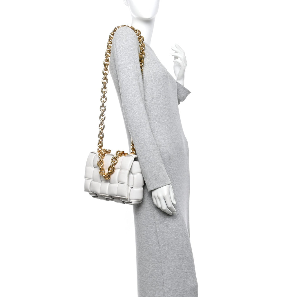 Lambskin Maxi Intreccio Padded Chain Cassette Crossbody Bag White