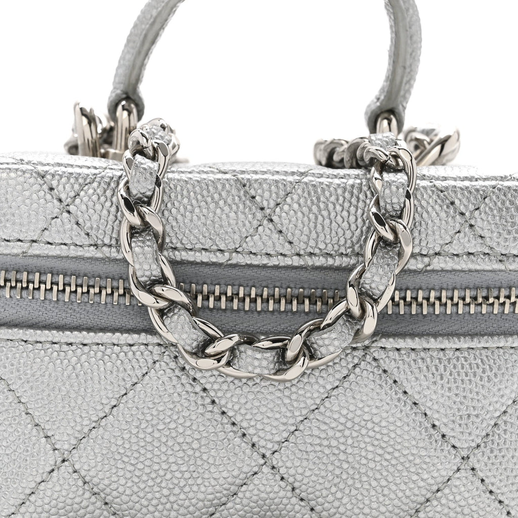 Metallic Caviar Quilted Mini Top Handle Vanity With Chain Silver
