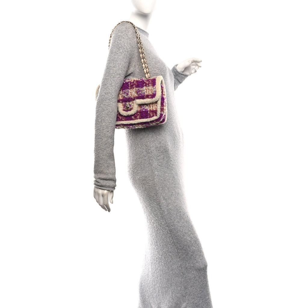 Tweed Shearling Large Flap Bag Purple Beige