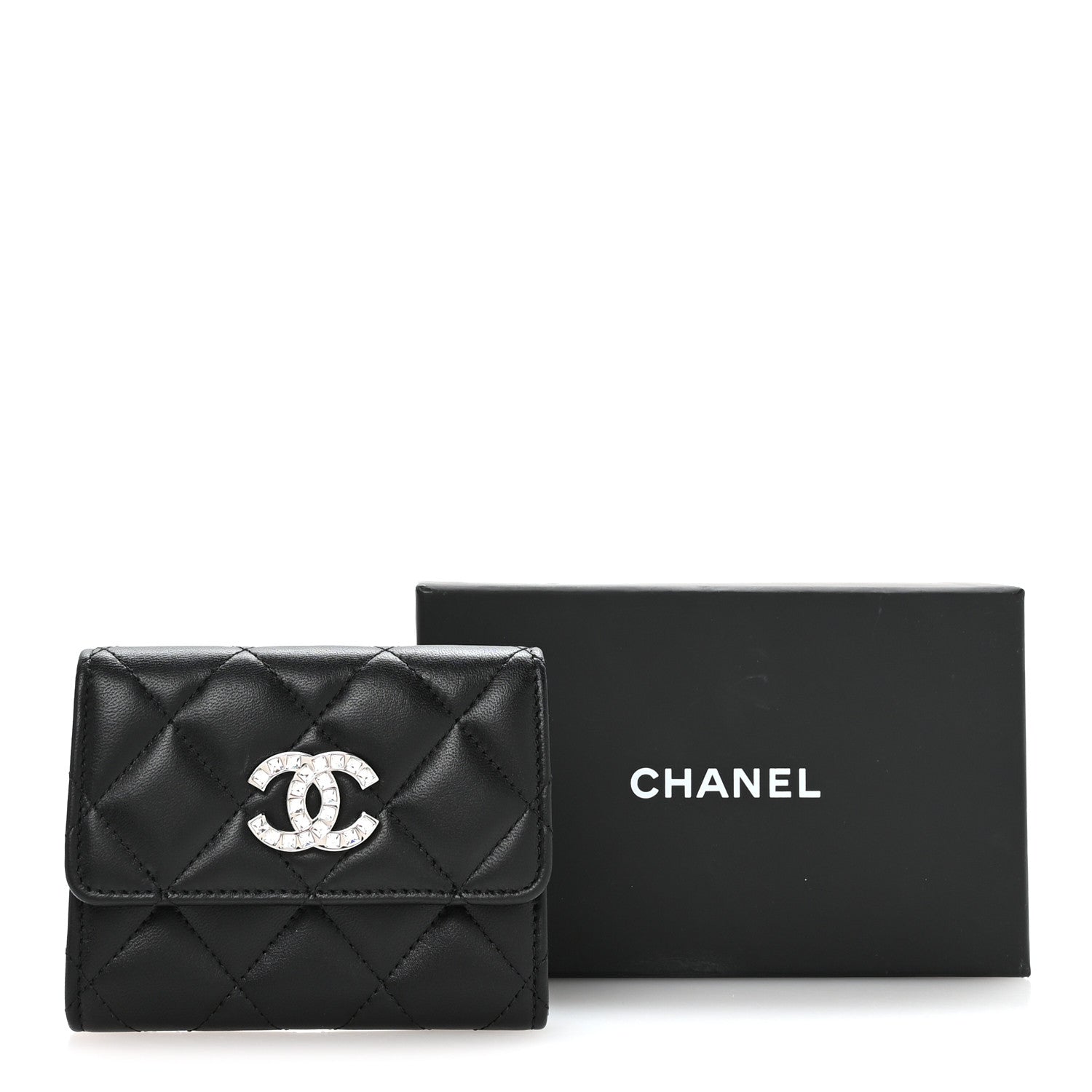Lambskin Quilted Flap Baguette Crystal  Holder Wallet Black