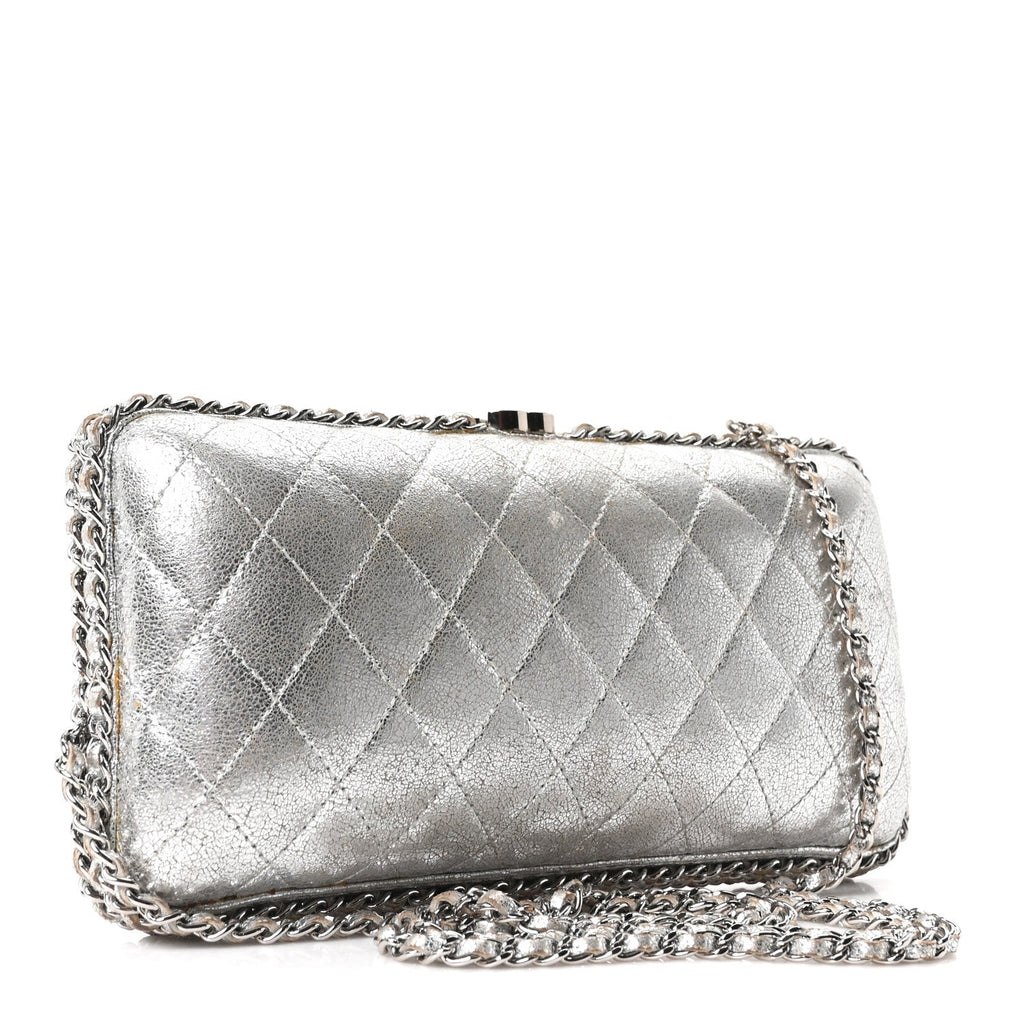 Metallic Lambskin Small Chain Around Clutch Silver