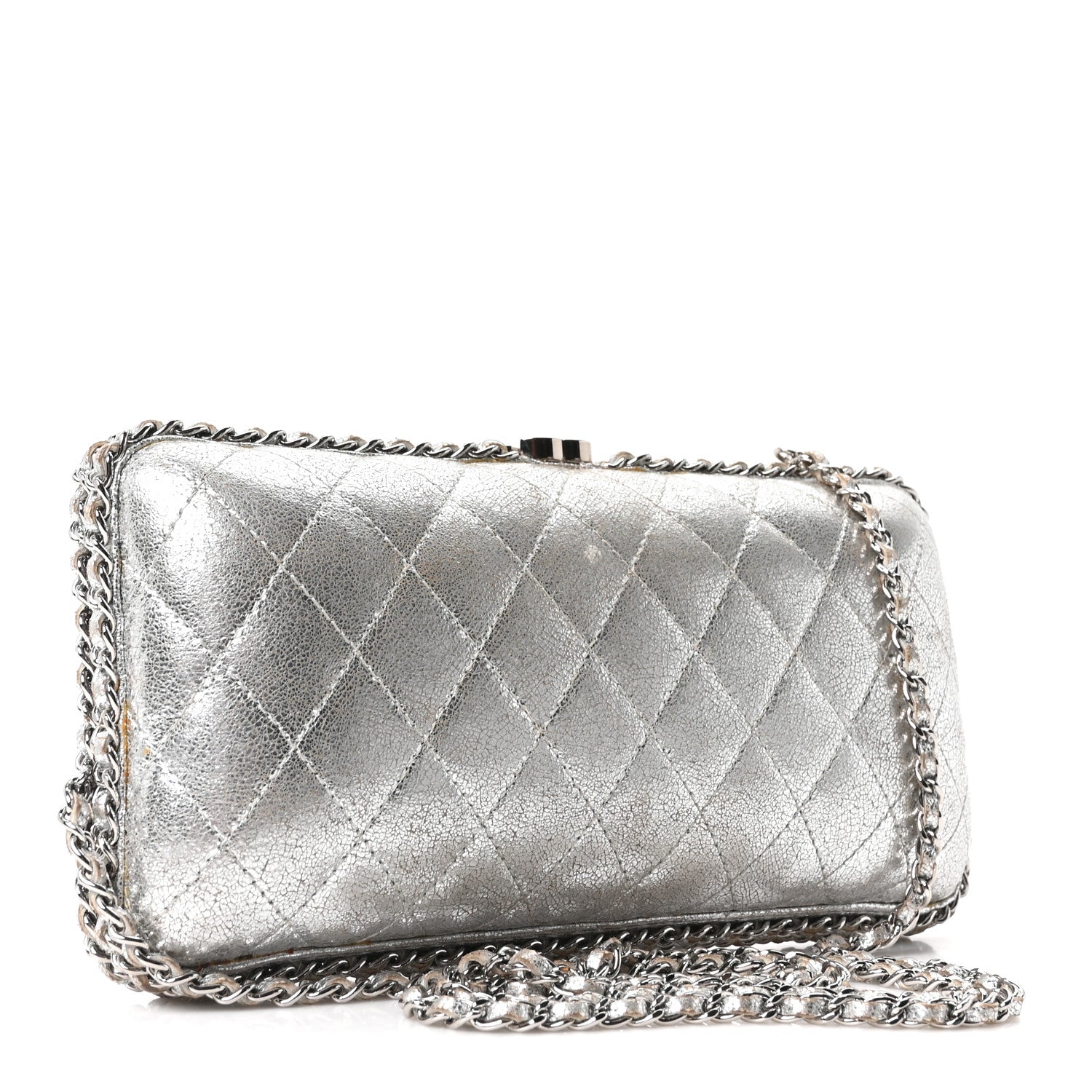 Metallic Lambskin Small Chain Around Clutch Silver