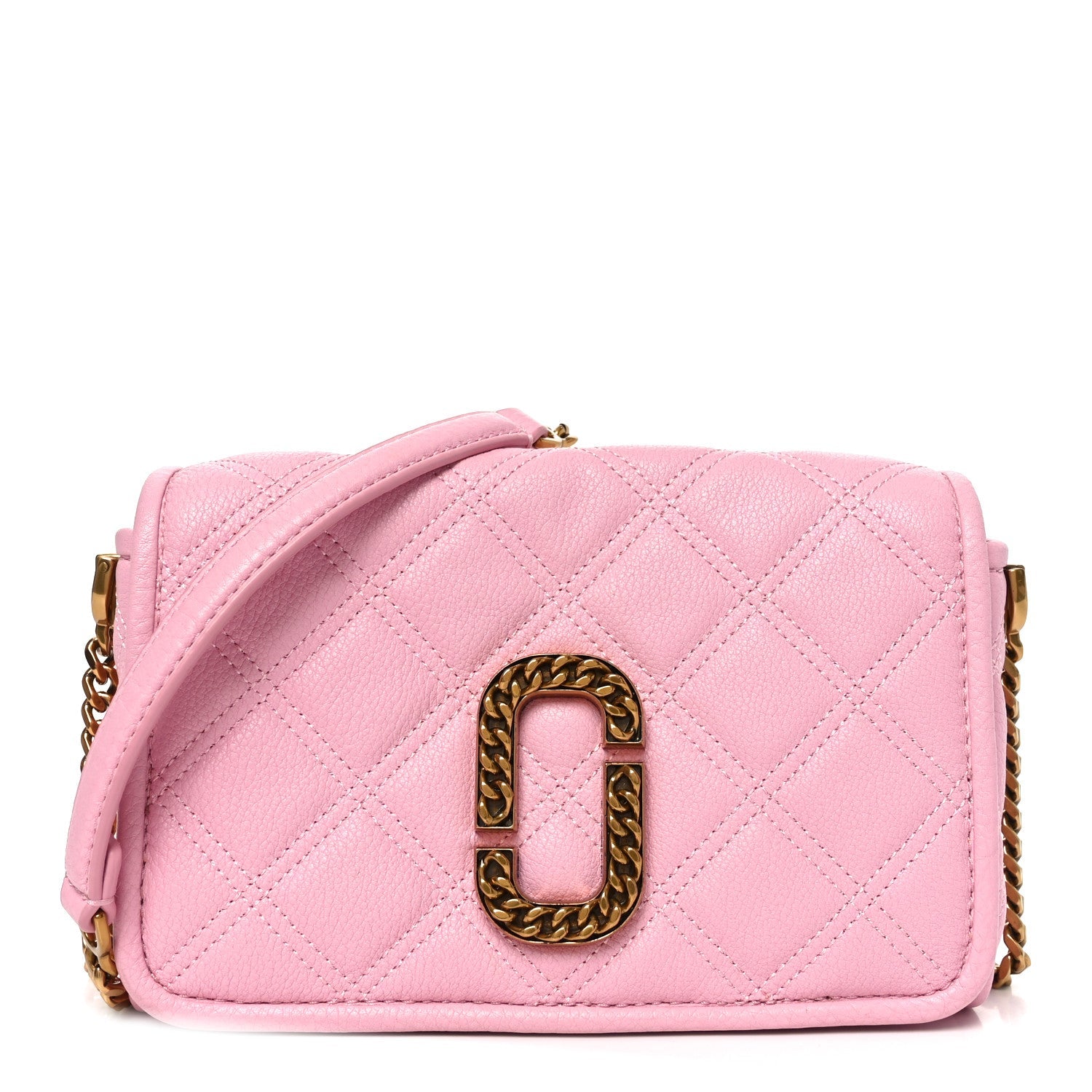 Grained Calfskin Quilted Double Stitched Small The Status Shoulder Bag Pink