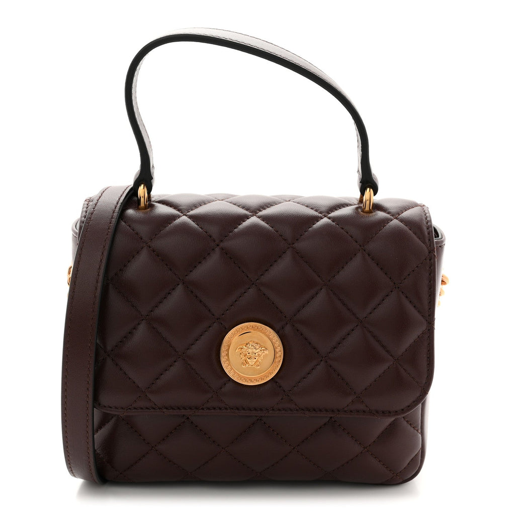 Nappa Quilted Medusa Top Handle Crossbody Flap Dark Brown