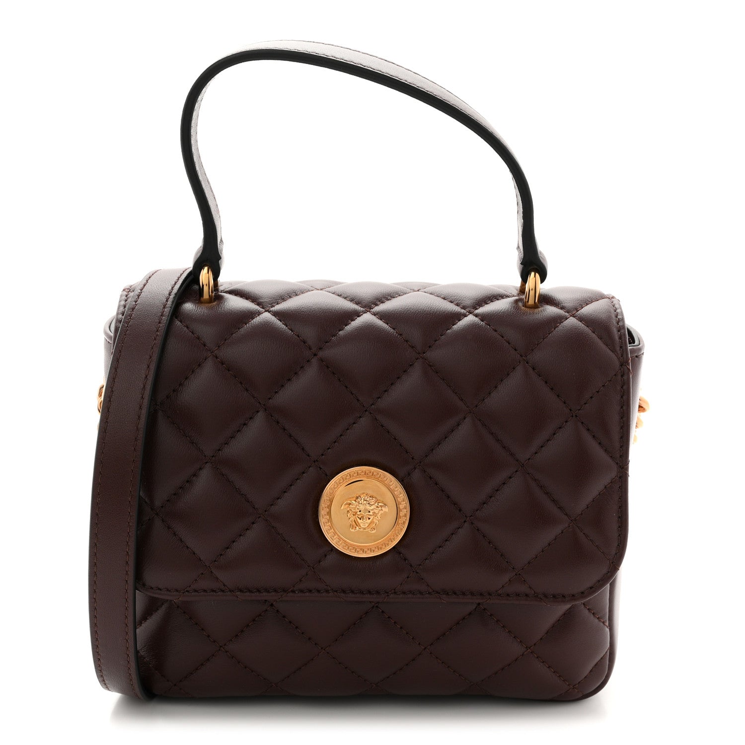Nappa Quilted Medusa Top Handle Crossbody Flap Dark Brown