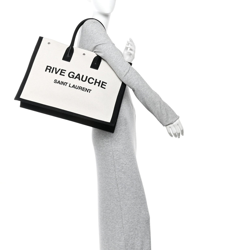 Linen Calfskin Rive Gauche Tote White Black