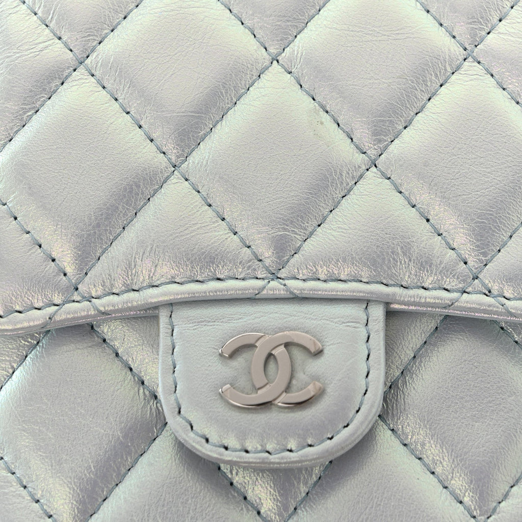 Iridescent Lambskin Quilted CC Phone Holder Blue