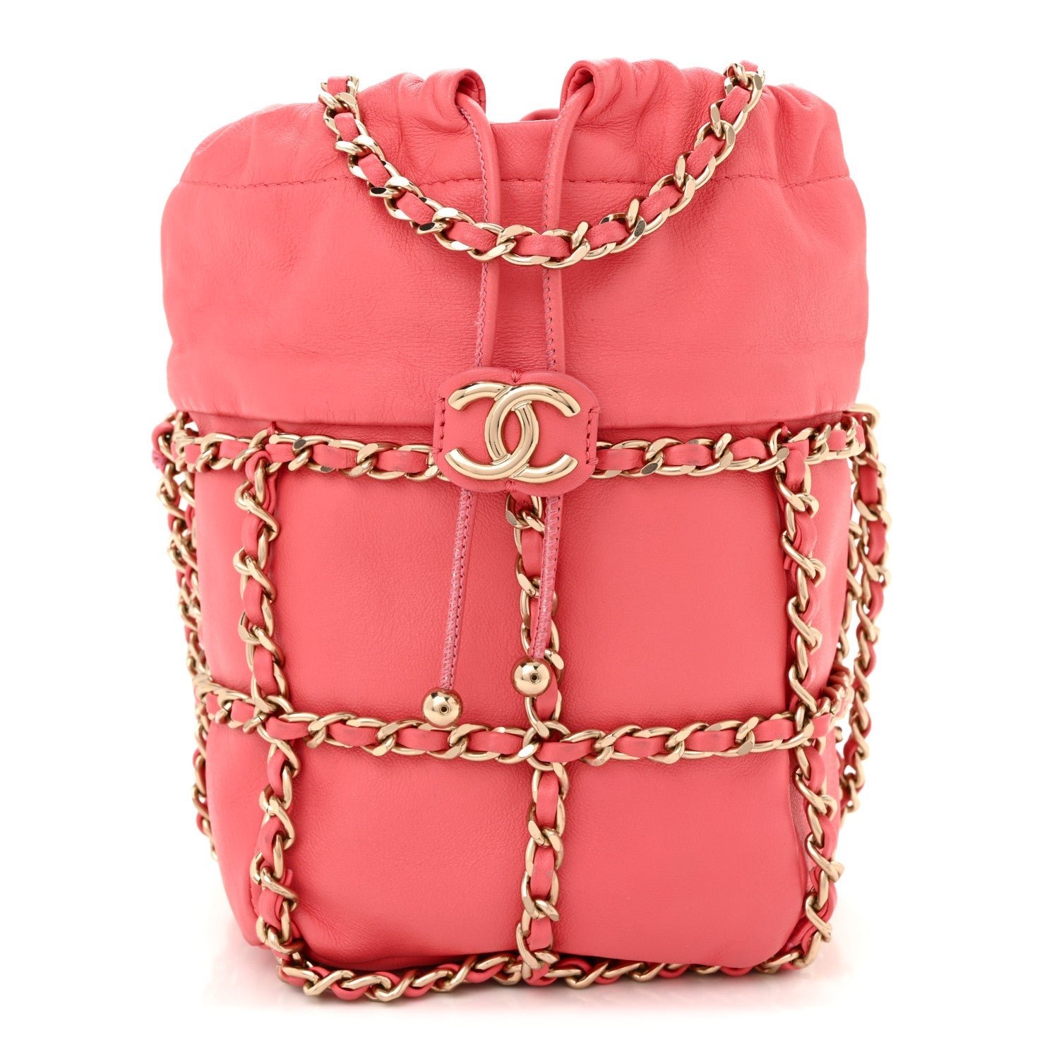 Lambskin Bucket Chain Drawstring Bag Pink
