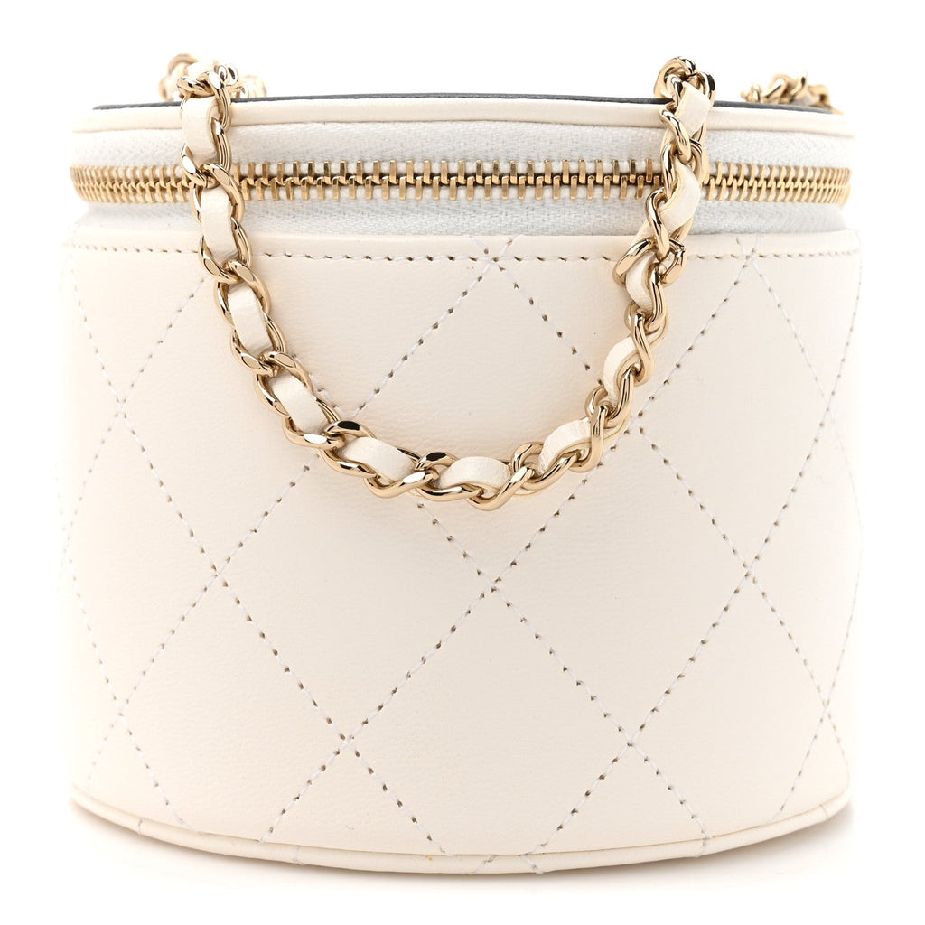 Lambskin Quilted Round Small Vanity Case With Chain White Black