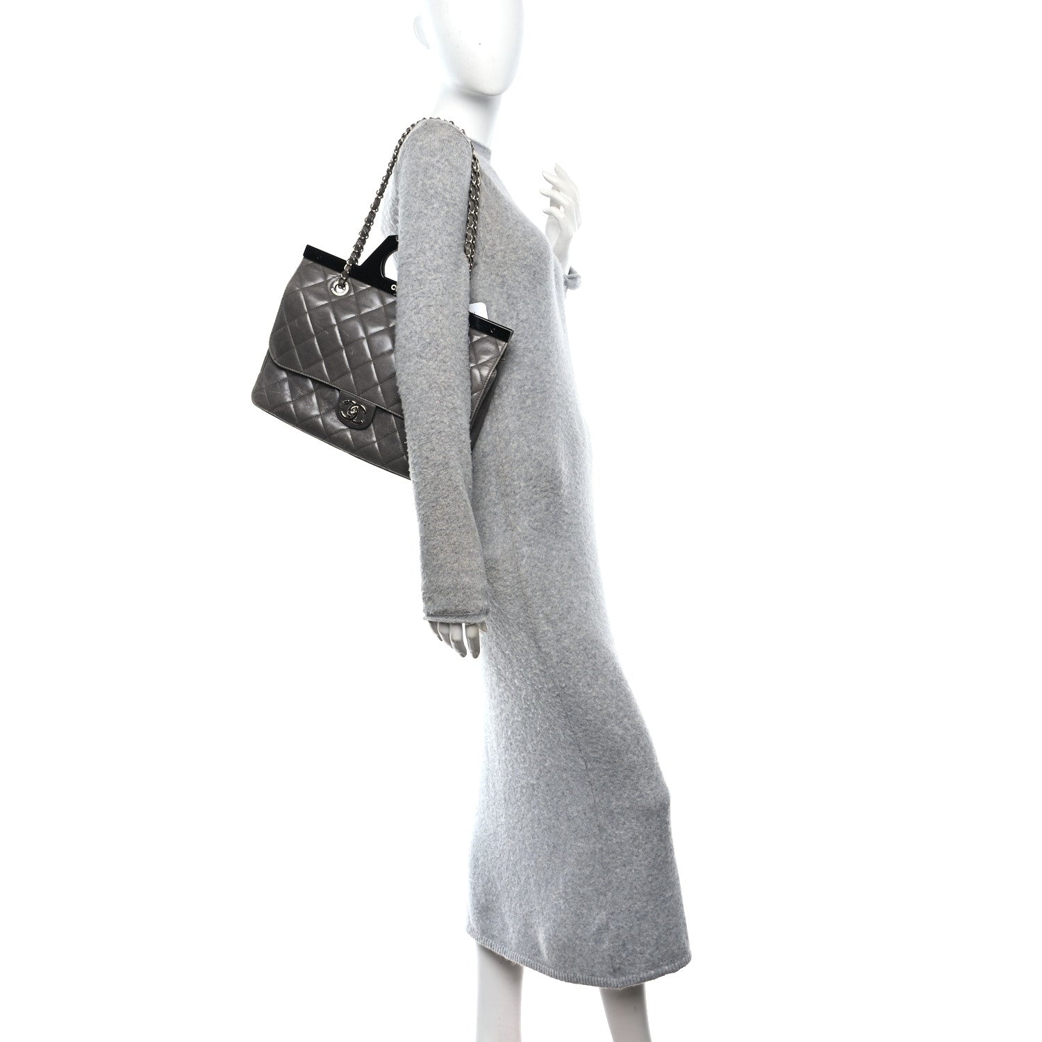 Glazed Calfskin Quilted Large CC Delivery Tote Grey