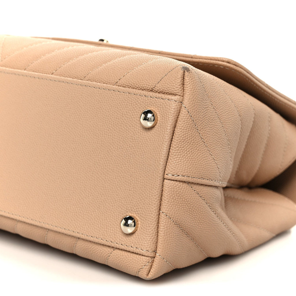 Caviar Chevron Quilted Small Coco Handle Flap Beige