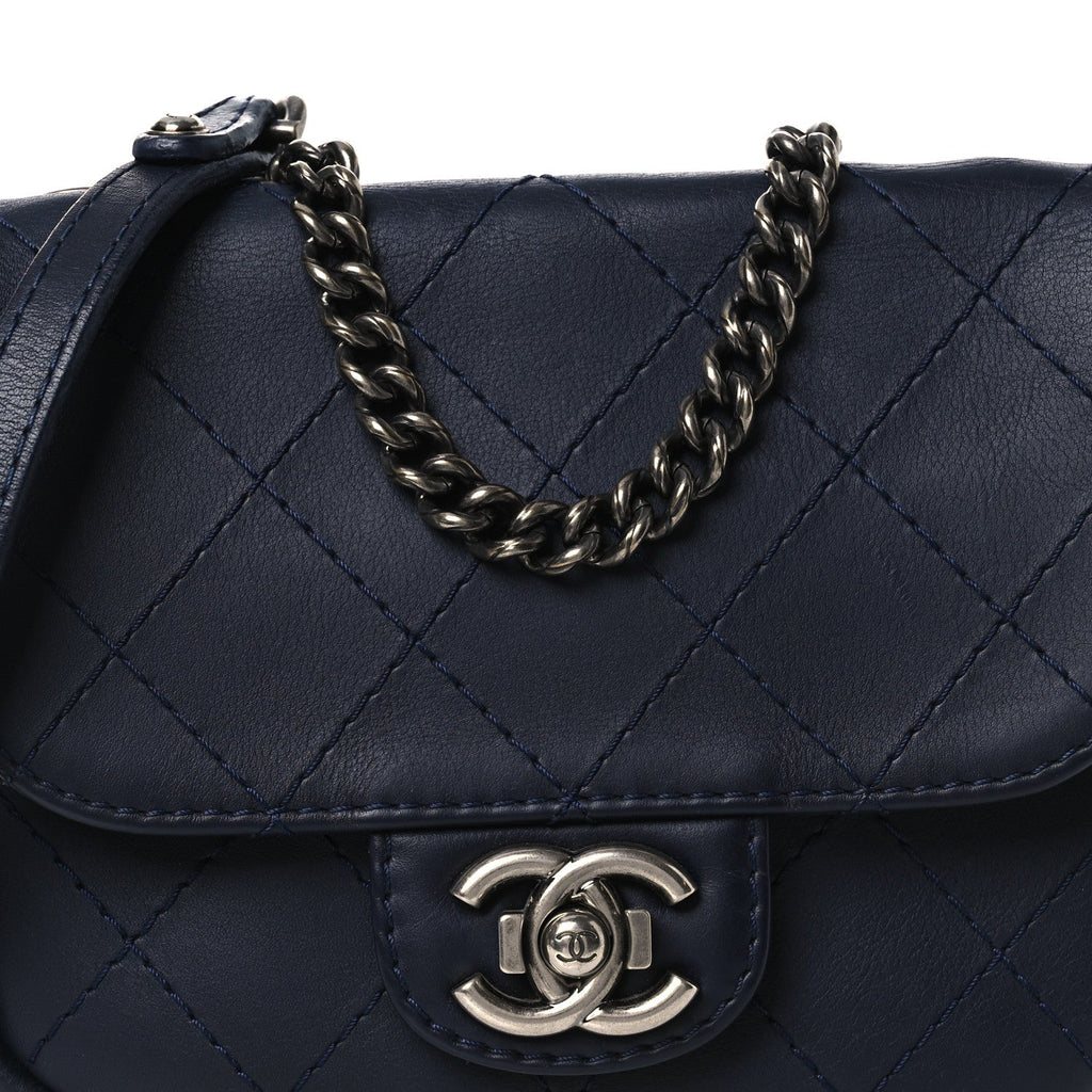 Calfskin Stitch CC Small Flap Navy Blue
