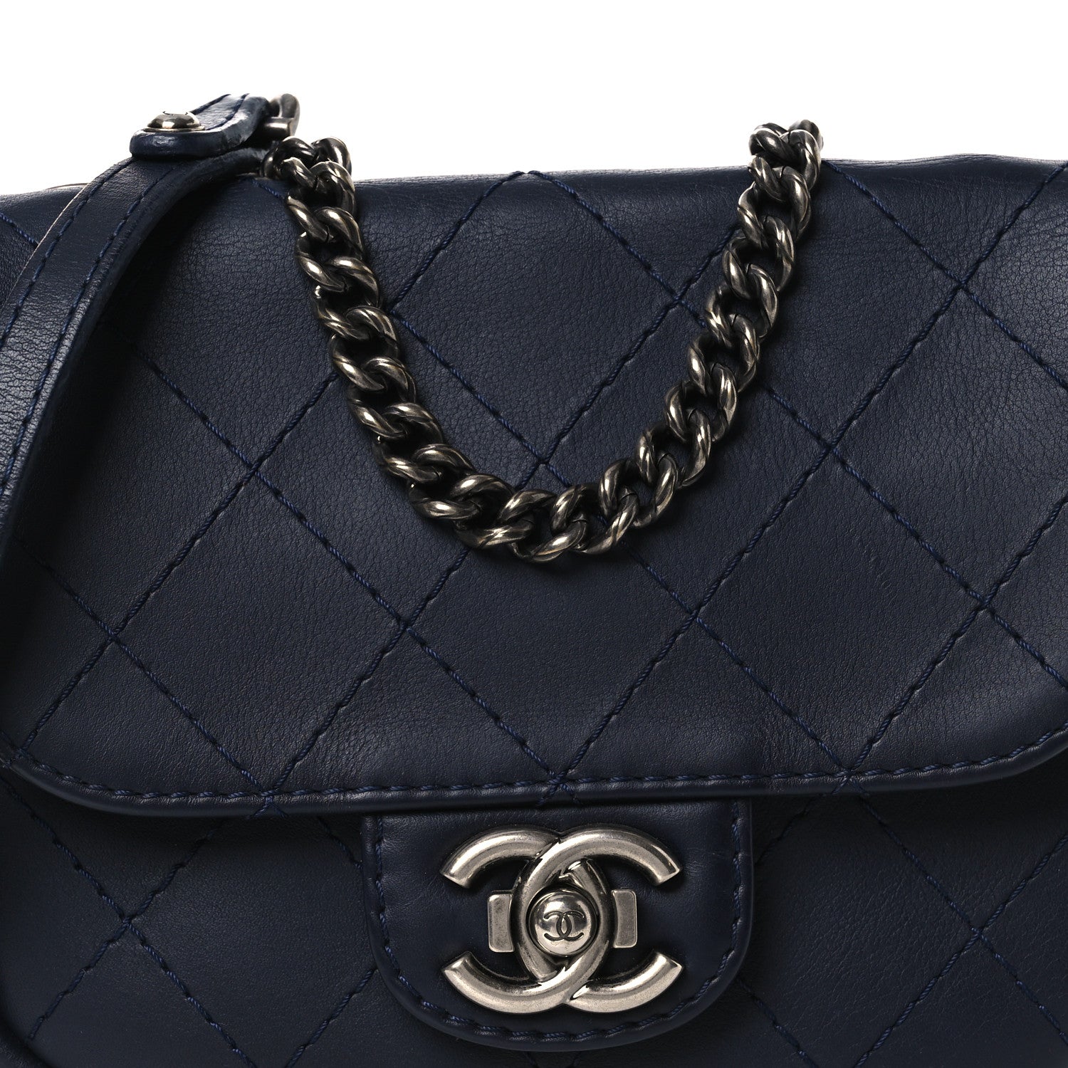 Calfskin Stitch CC Small Flap Navy Blue