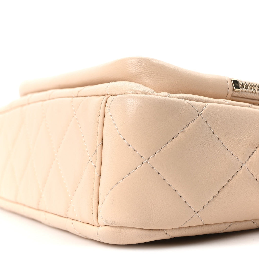 Shiny Crumpled Lambskin Quilted Small Preppy Pocket Clutch With Chain Beige