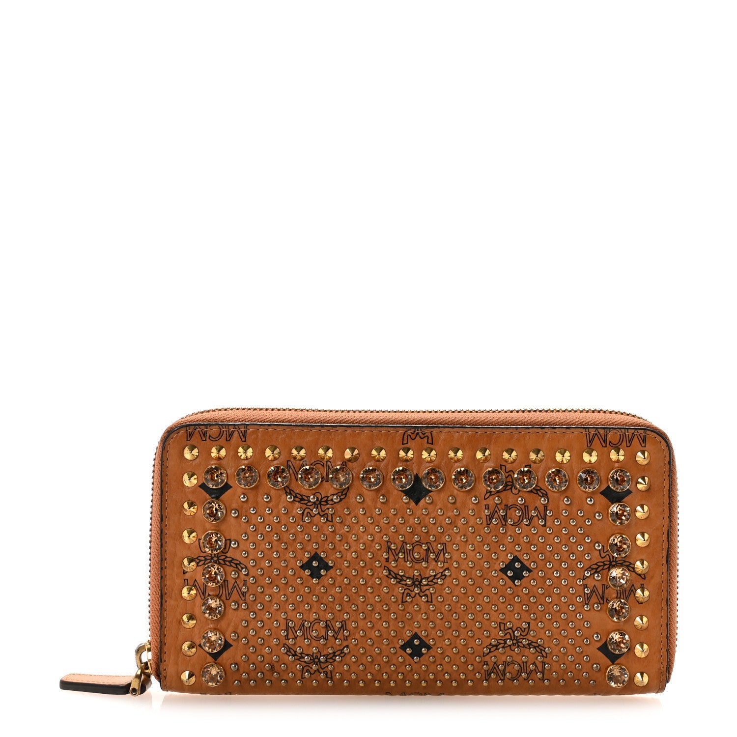 Visetos Studded Crystal Zip Around Wallet Cognac